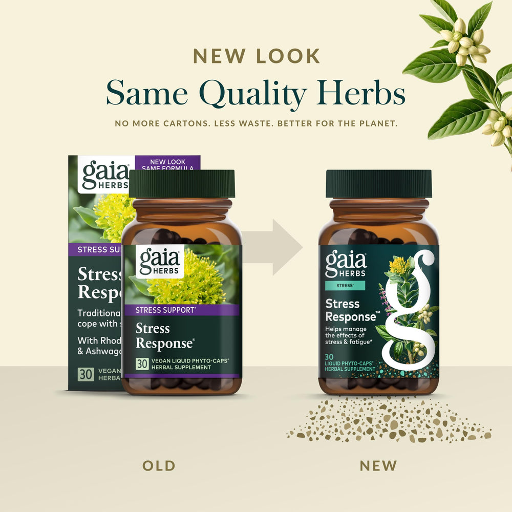 Gaia Herbs Stress Response ingredients panel featuring rhodiola, holy basil, ashwagandha