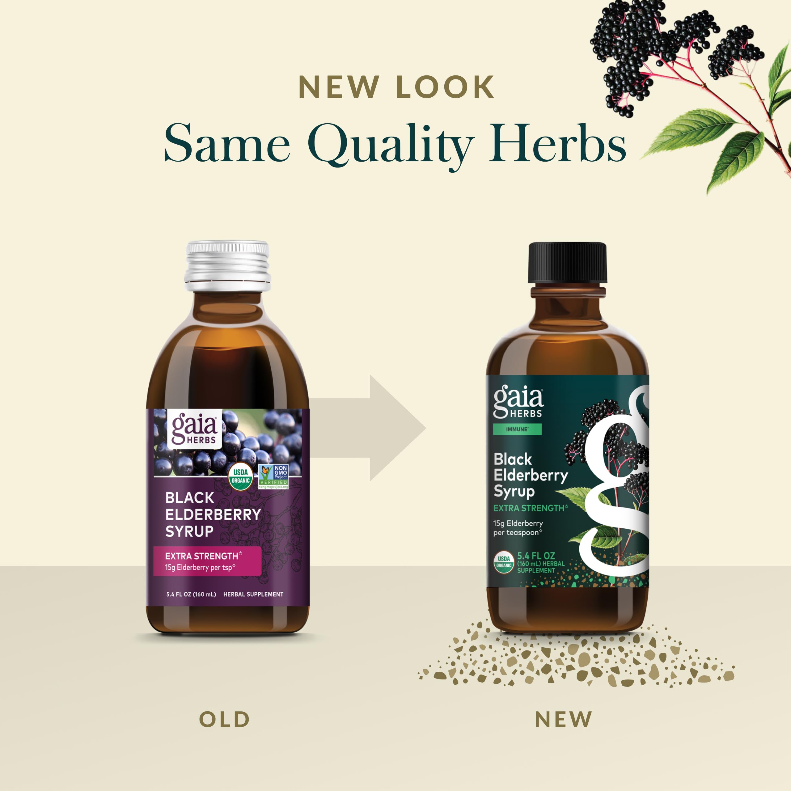 Syrup bottle label shows Gaia Herbs quality and organic seal.