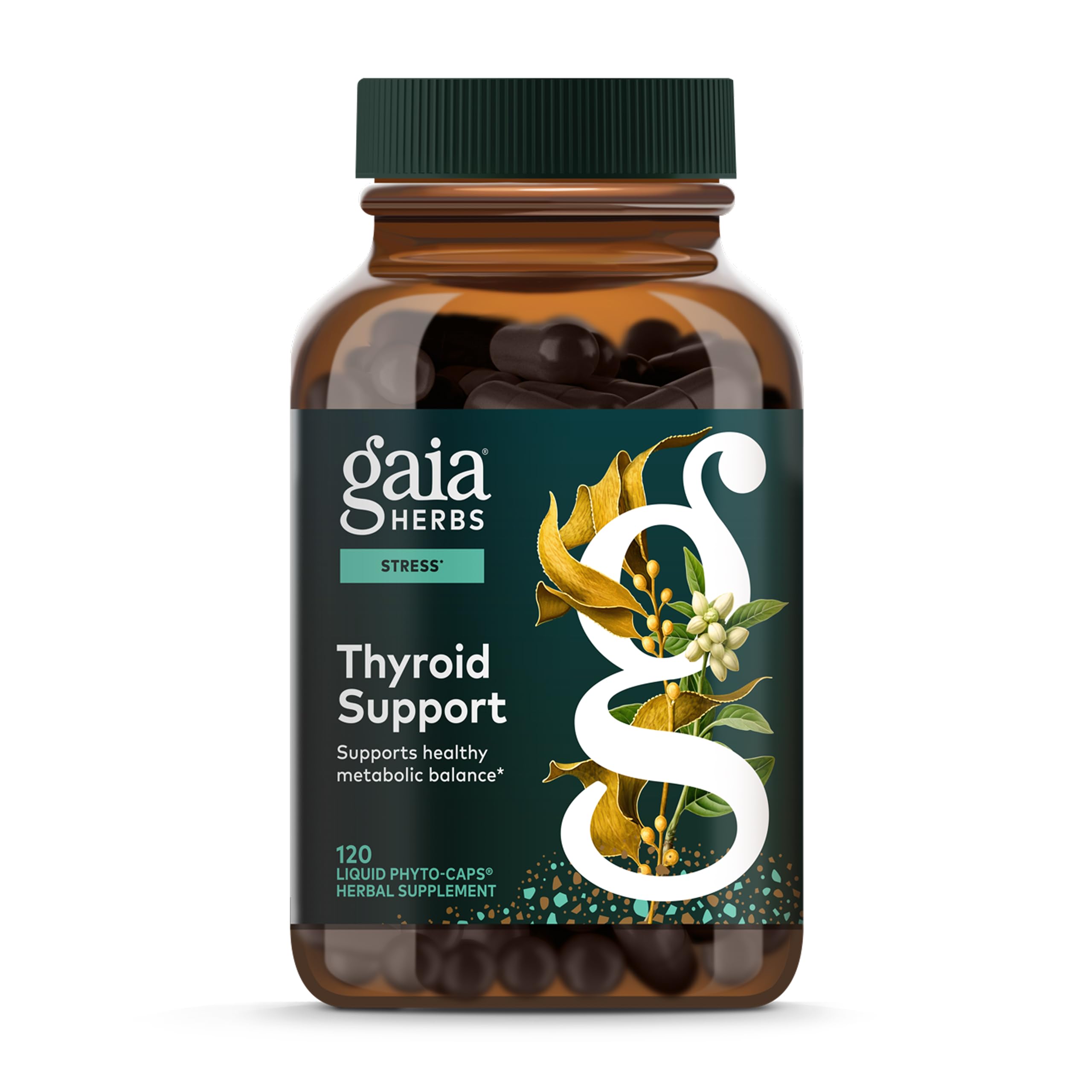 Gaia Herbs Thyroid Support bottle pour with Ashwagandha for calm energy