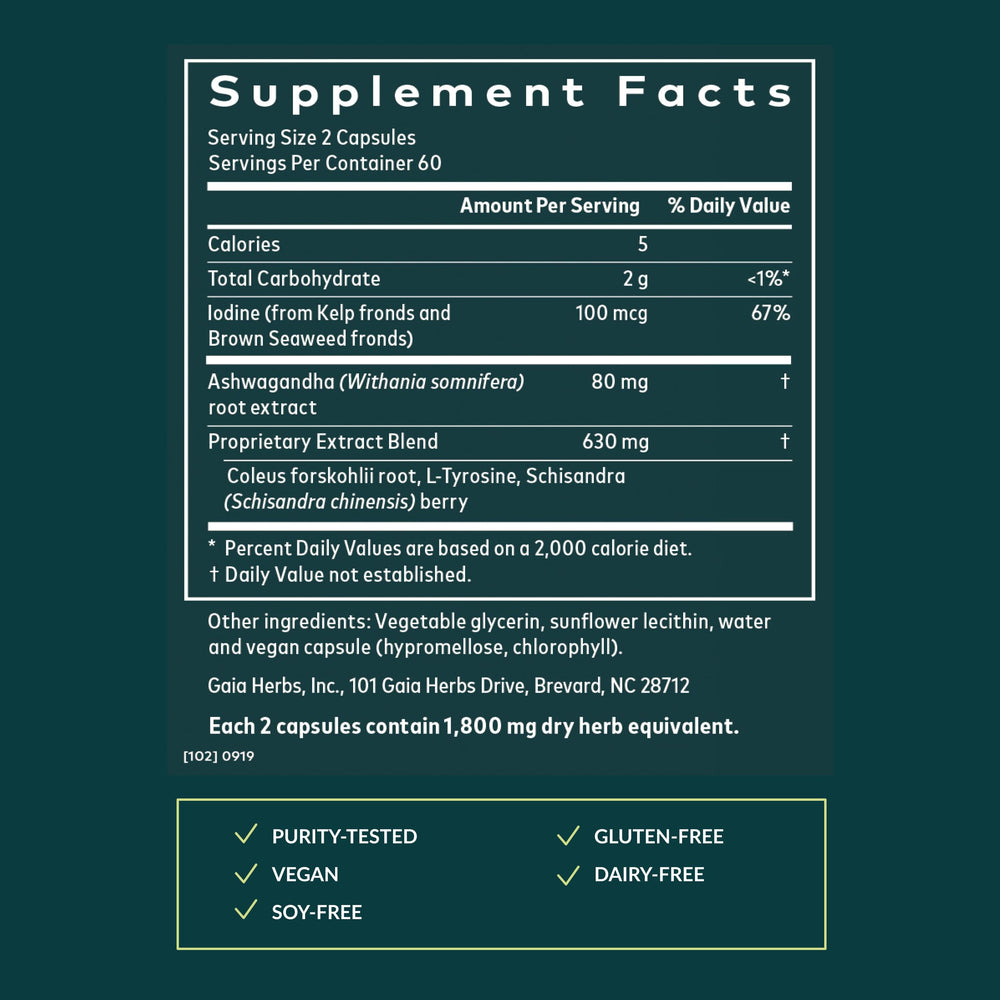 Close-up of brown seaweed label on Gaia Thyroid Support container
