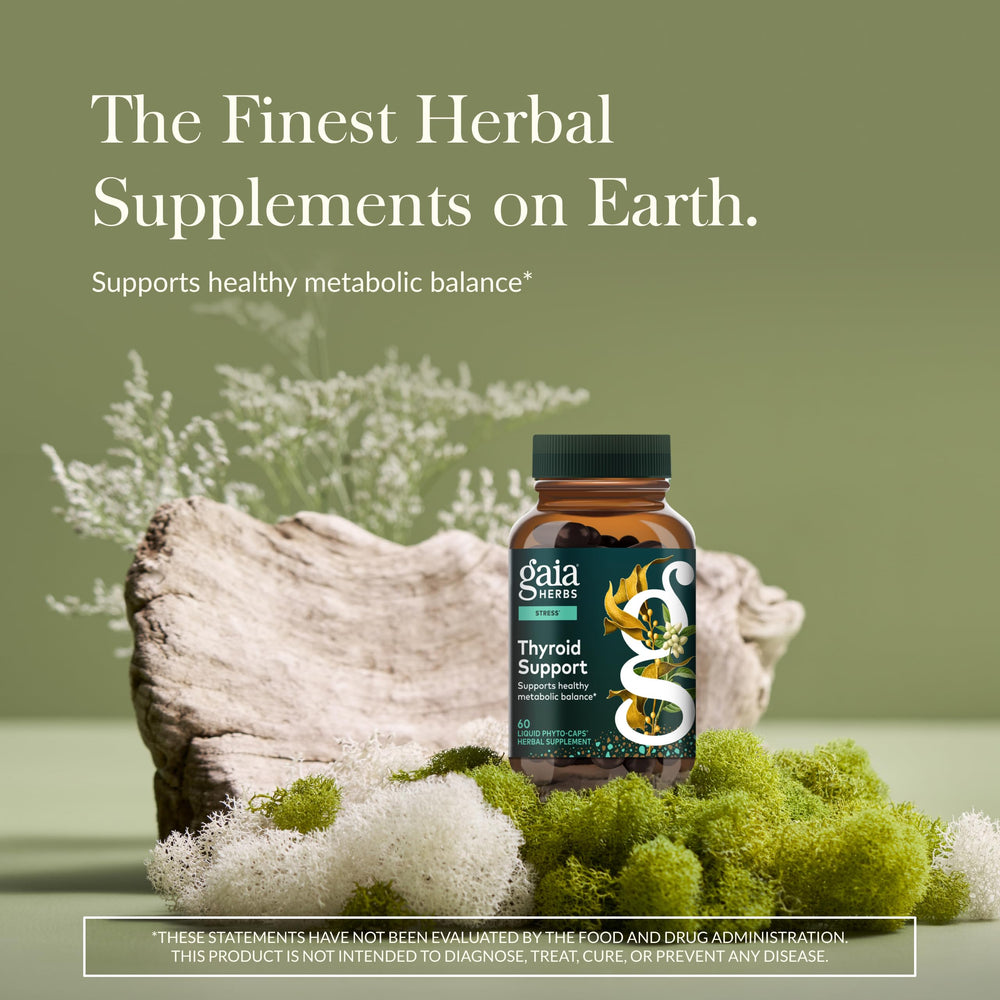Gaia Thyroid Support liquid phyto-caps being poured for easy daily use.