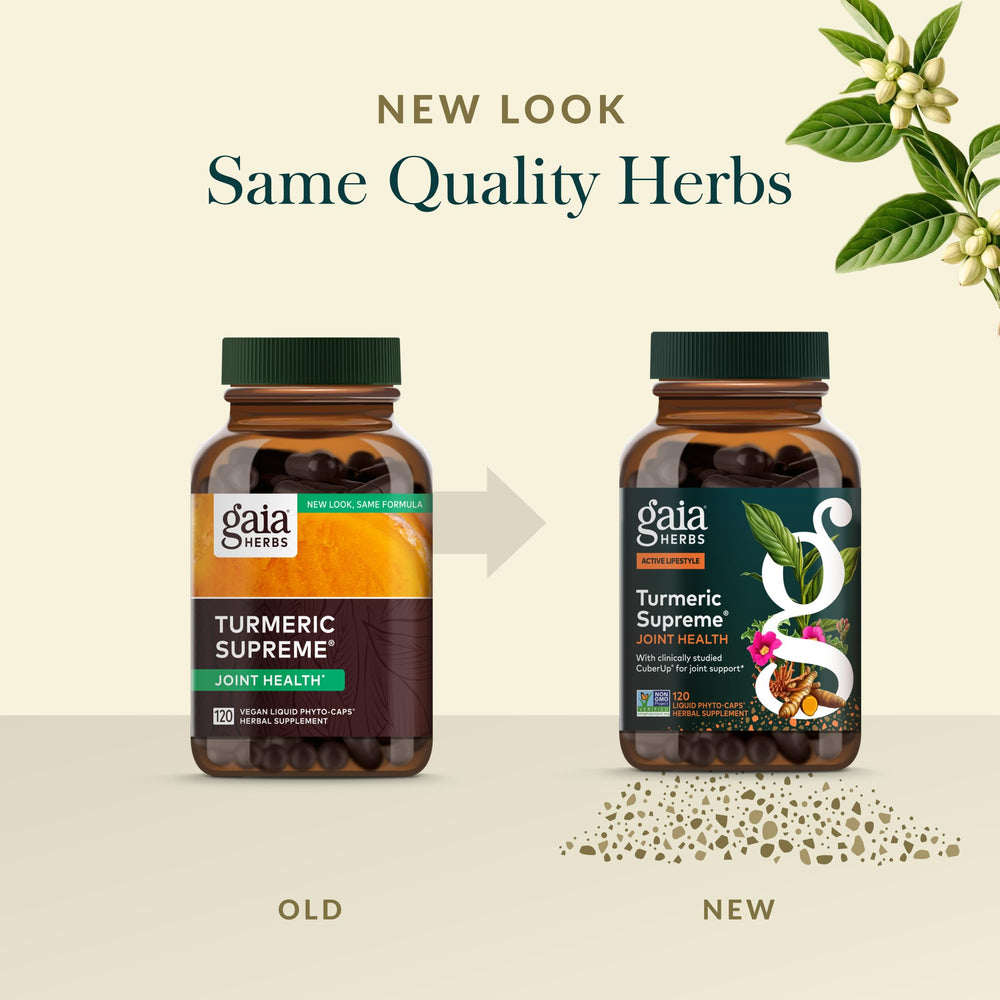 Three turmeric root extracts on label for a balanced profile in Gaia Turmeric Supreme.