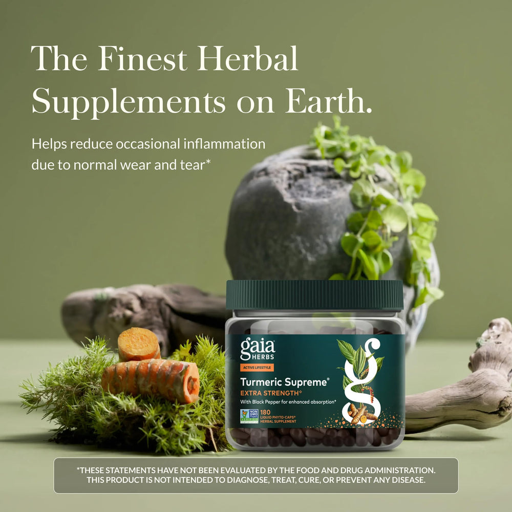 Gaia Herbs Turmeric Supreme Extra Strength bottle back shows allergen-free features and ingredients