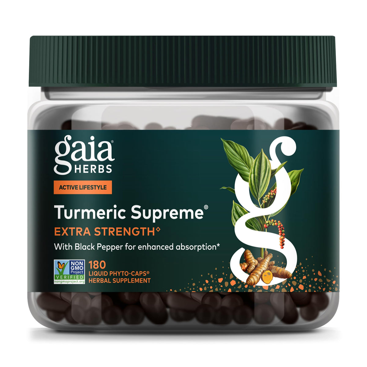 Gaia Herbs Turmeric Supreme Extra Strength bottle front highlights vegan capsules for daily support