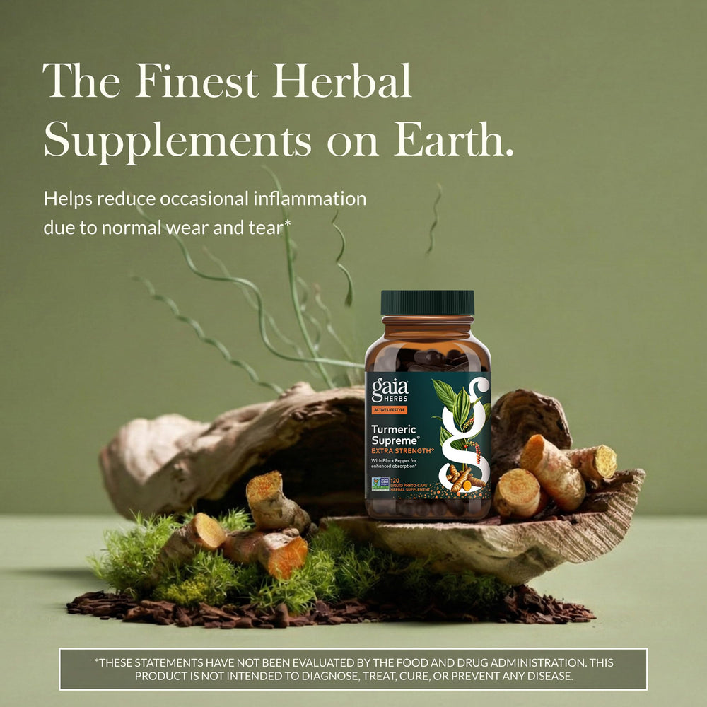 Gaia Herbs Turmeric Supreme capsules close-up highlighting curcumin with black pepper.