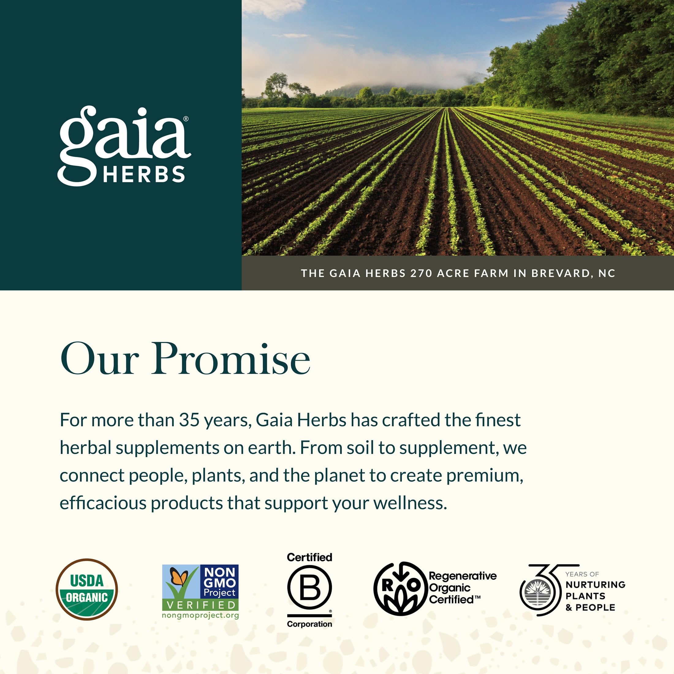 Side view of Gaia Herbs package illustrating brand quality and sustainability values