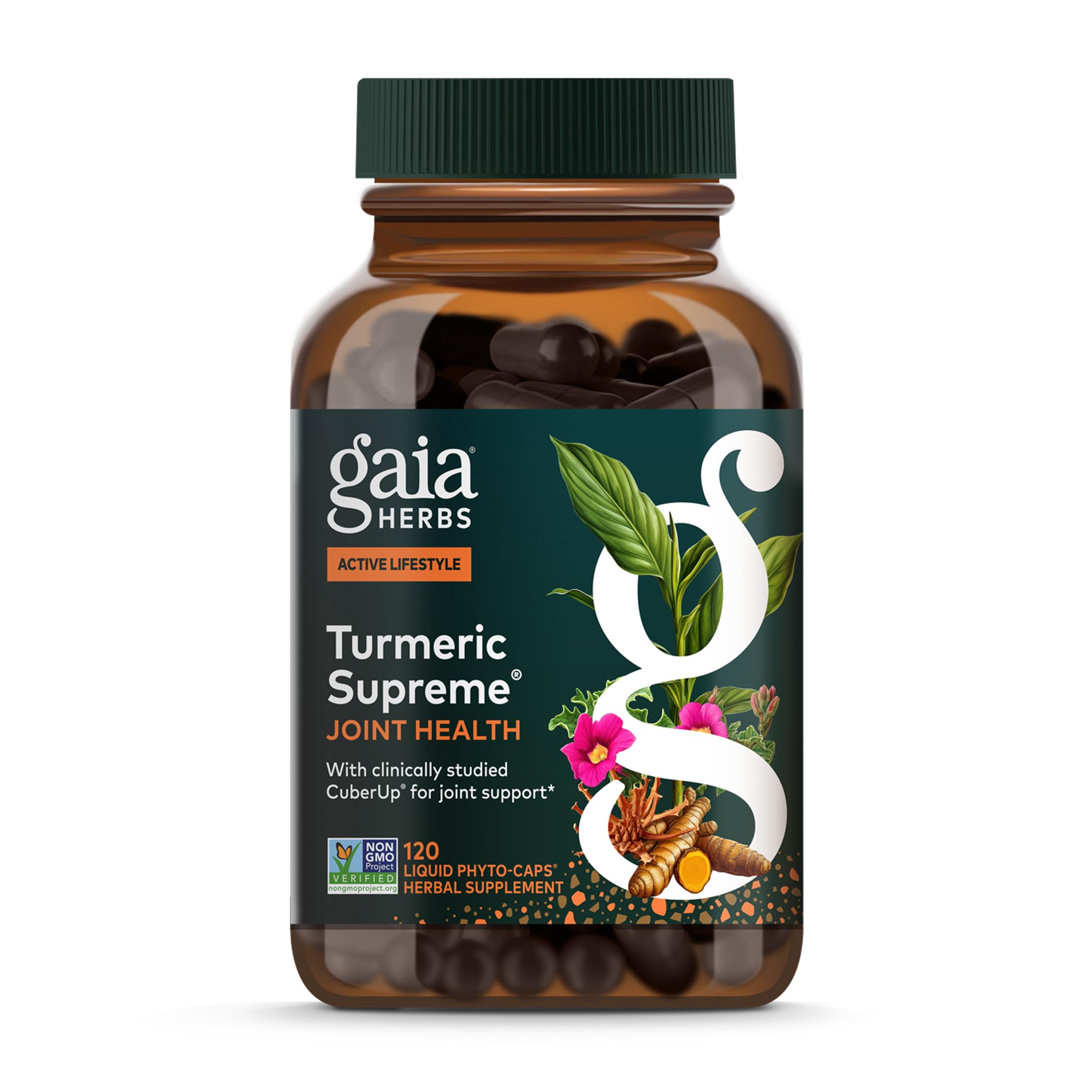 Gaia Herbs Turmeric Supreme Joint Health bottle, easy-to-swallow capsules for daily joint support.