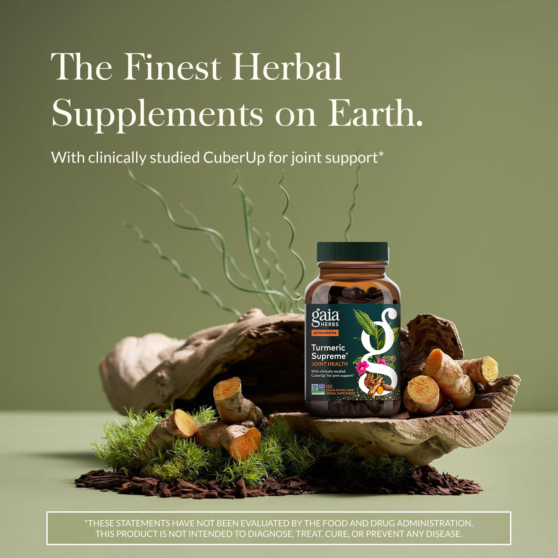 Gaia Herbs Turmeric Supreme capsules highlighting CuberUp and turmeric extracts.