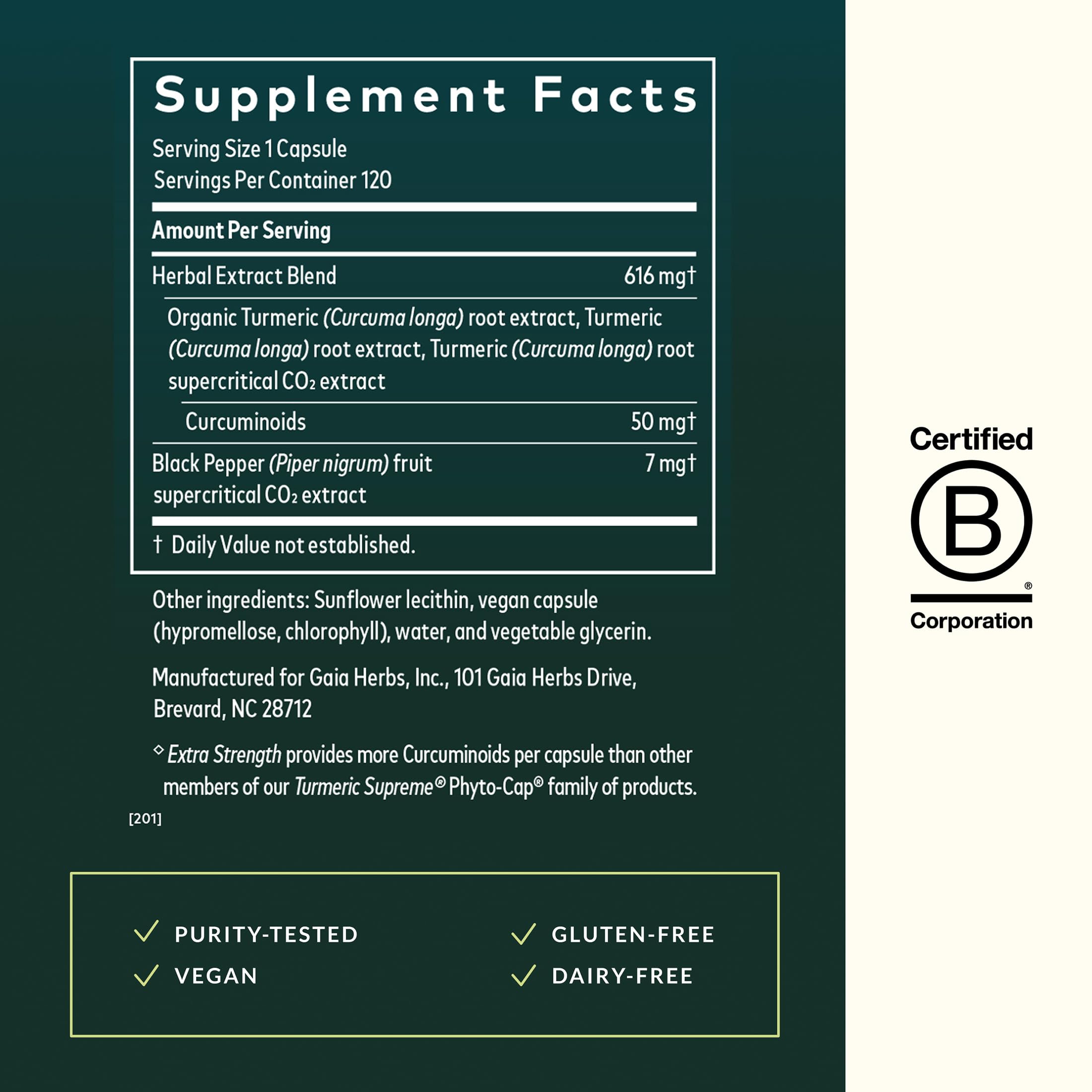 Gaia Herbs Turmeric Supreme label highlights gluten-free and dairy-free features.