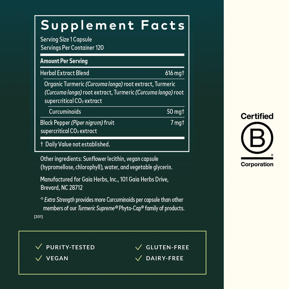 Gaia Herbs Turmeric Supreme label highlights gluten-free and dairy-free features.