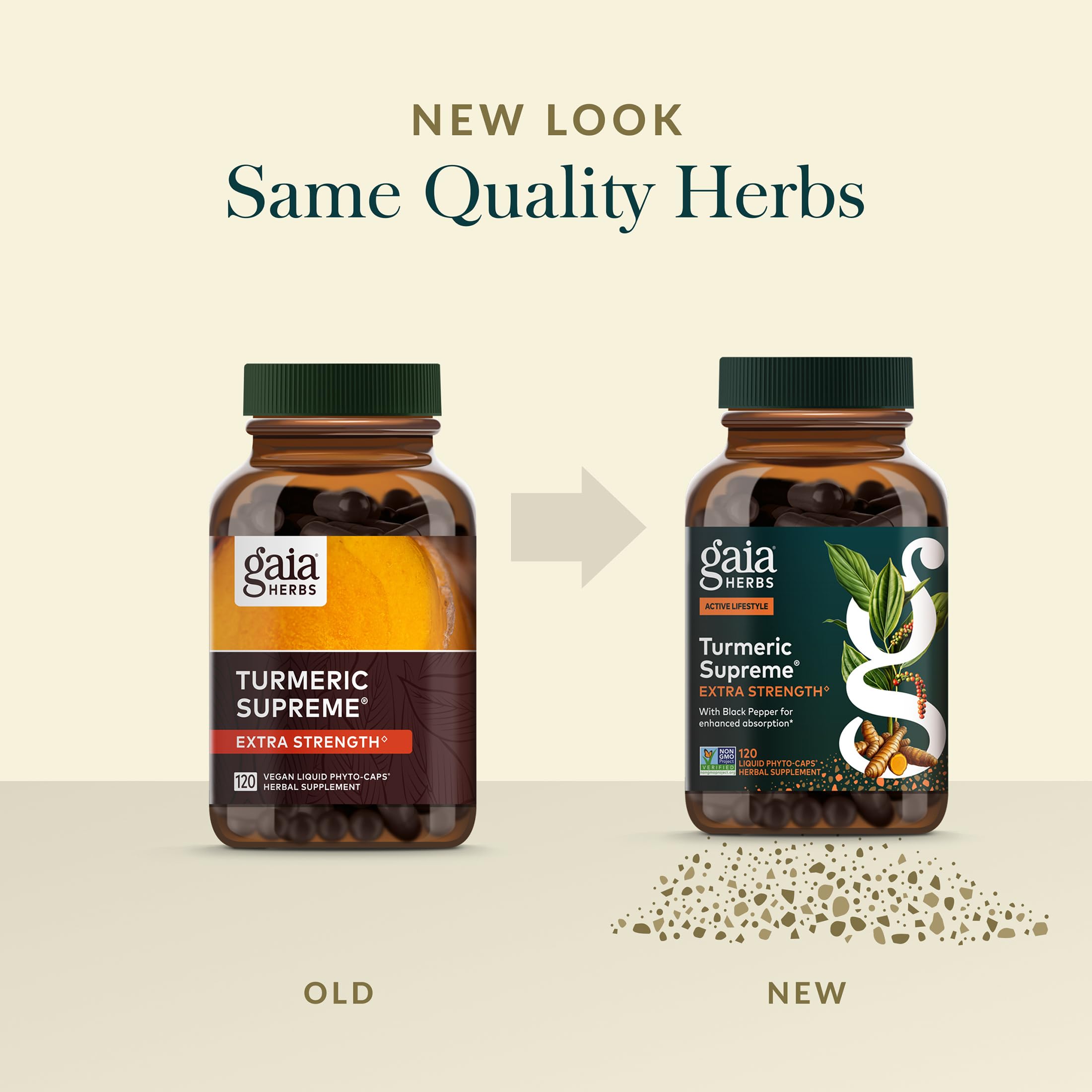 Gaia Herbs Turmeric Supreme vegan liquid phyto-caps close-up for easy swallowing.