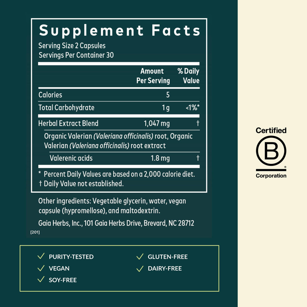Closeup of Gaia Herbs Valerian Root capsules highlighting plant-based calming formula