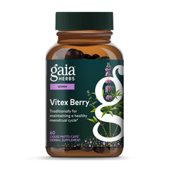 Gaia Herbs Vitex Berry bottle closeup showing vegan liquid phyto-caps for menstrual support