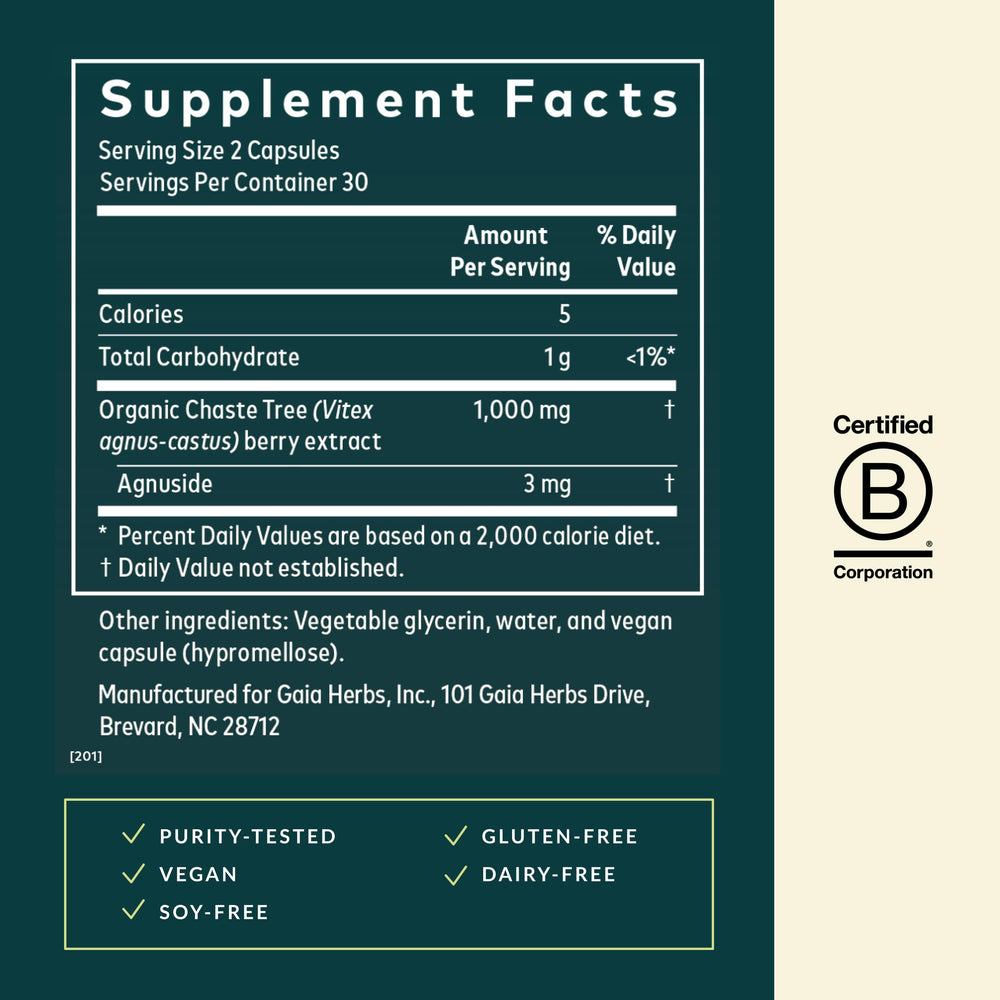 Gaia Herbs Vitex Berry capsules ready for daily use in a plant-based routine