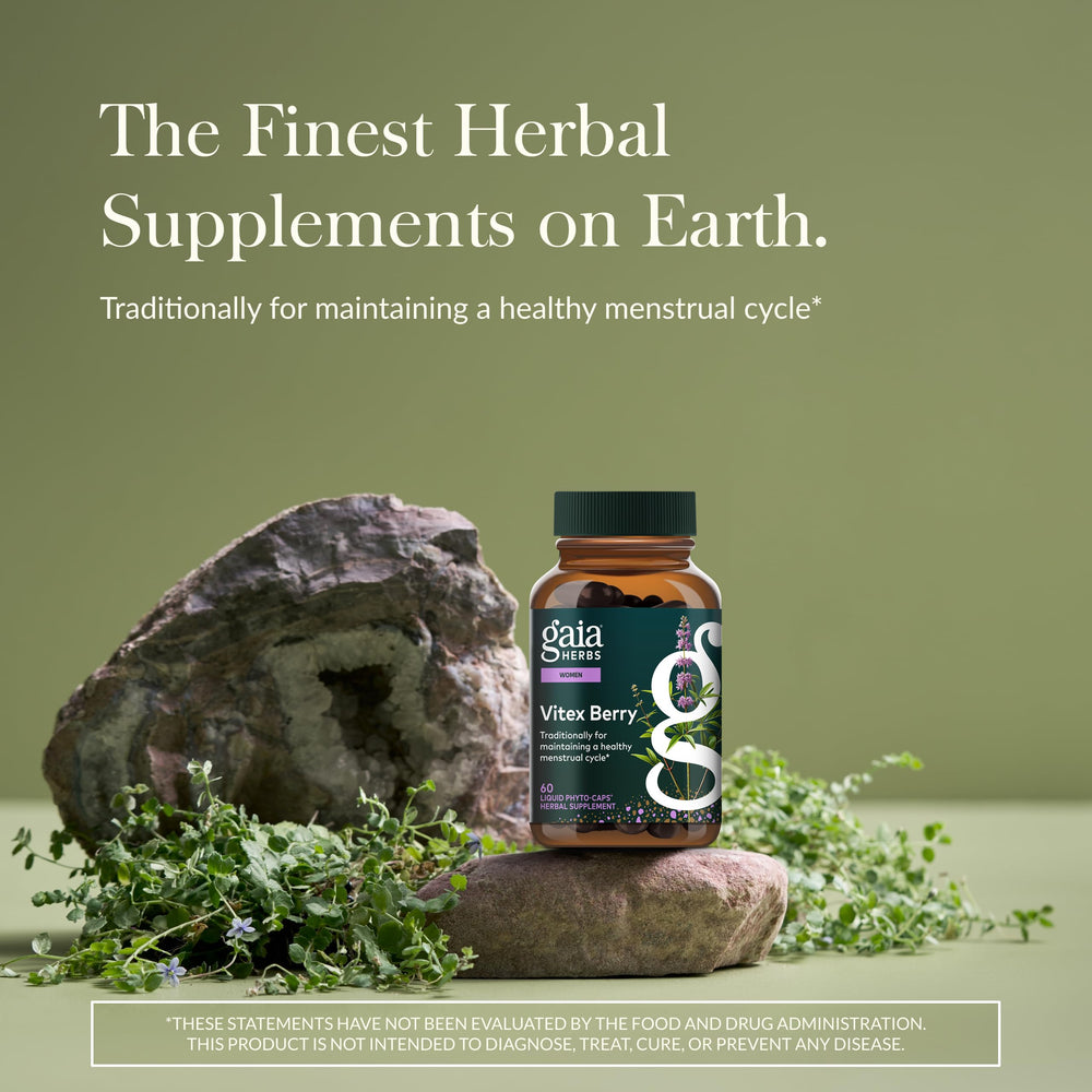 Gaia Herbs Vitex Berry label highlighting FAIRWILD certification and sourcing ethics