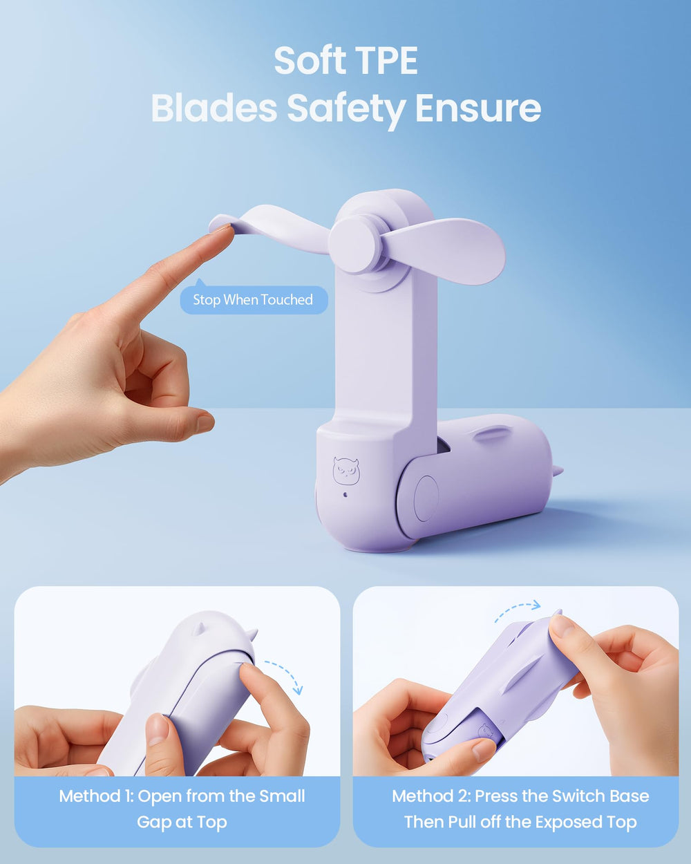 GAIATOP portable fan in 180-degree handheld and 90/270-degree desk modes