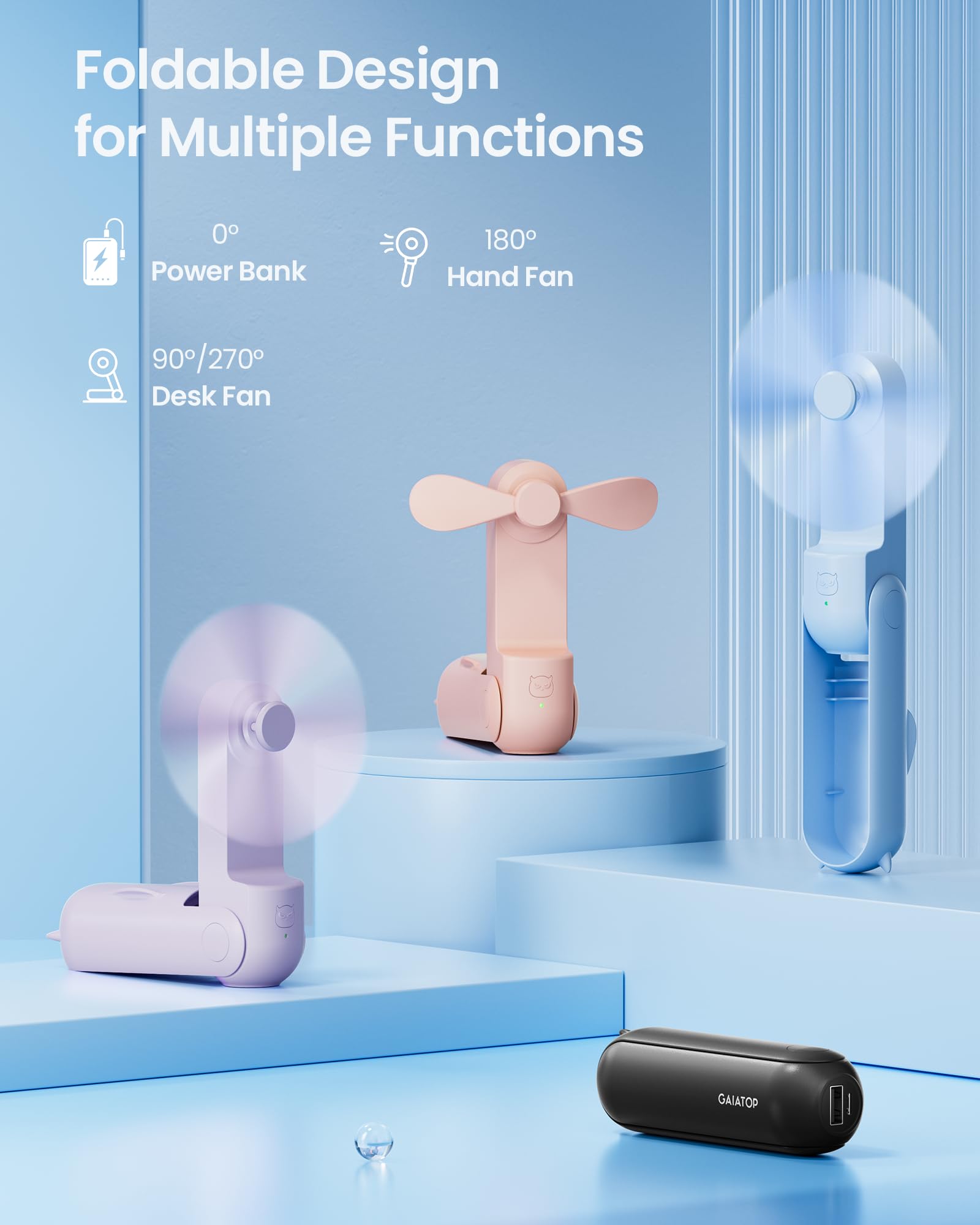 GAIATOP portable fan with soft blades for safe cooling