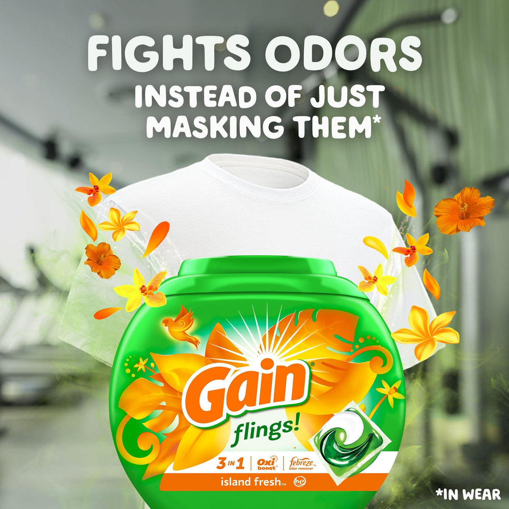 Gain Flings Island Fresh pacs beside a bottle emphasize all-in-one formula.
