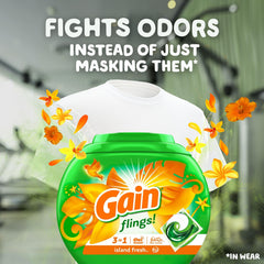 Gain Flings Island Fresh pacs beside a bottle emphasize all-in-one formula.