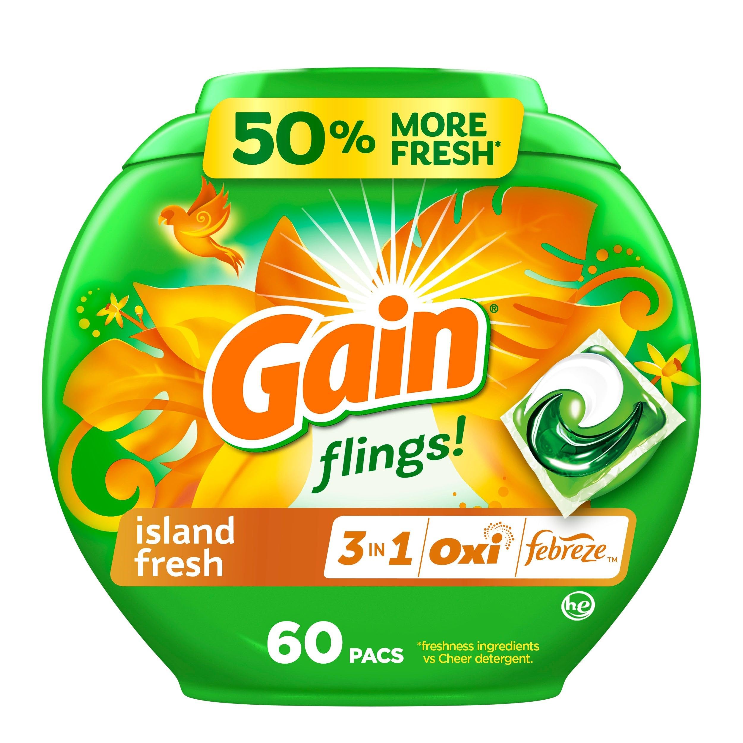 Gain Flings Island Fresh pacs in a close-up showing compact odor defense.