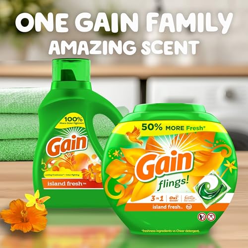 Gain Flings Island Fresh pacs logo highlights trusted Gain branding.