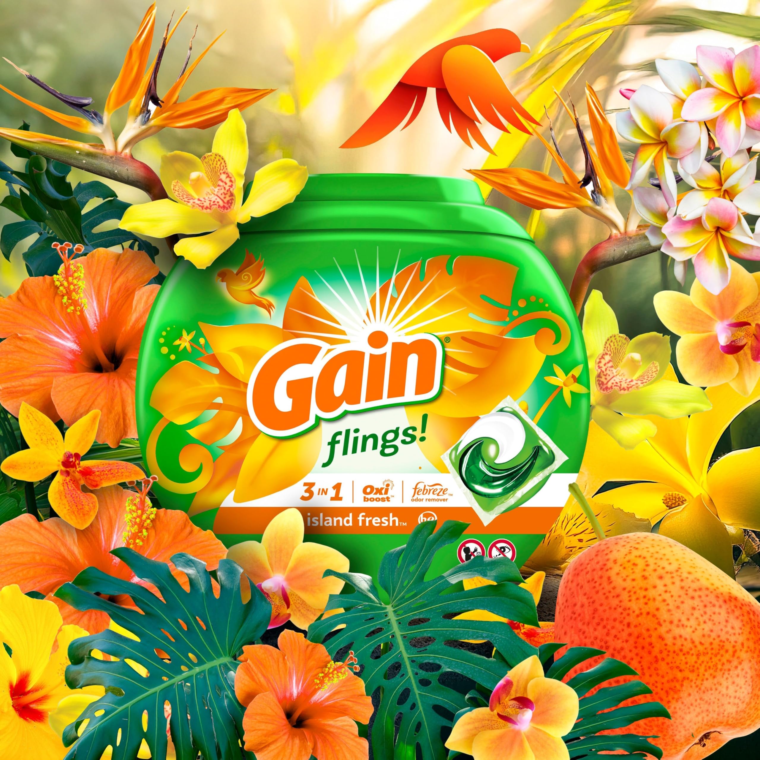 Gain Flings Island Fresh pacs on a shelf highlight compact storage.