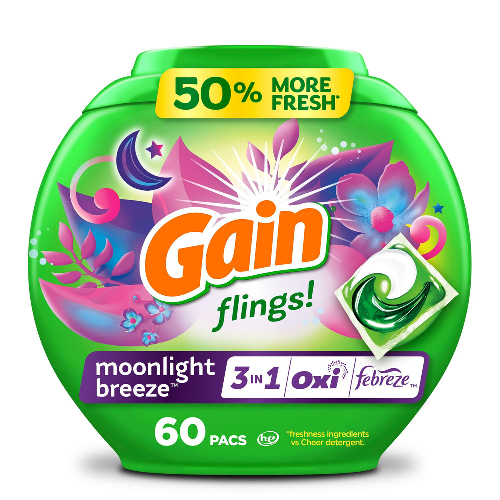 Gain Flings Moonlight Breeze pacs front view showing fresh laundry scent