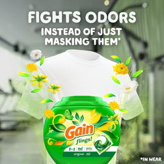 Gain Flings Odor Defense icon on packaging indicating odor protection.