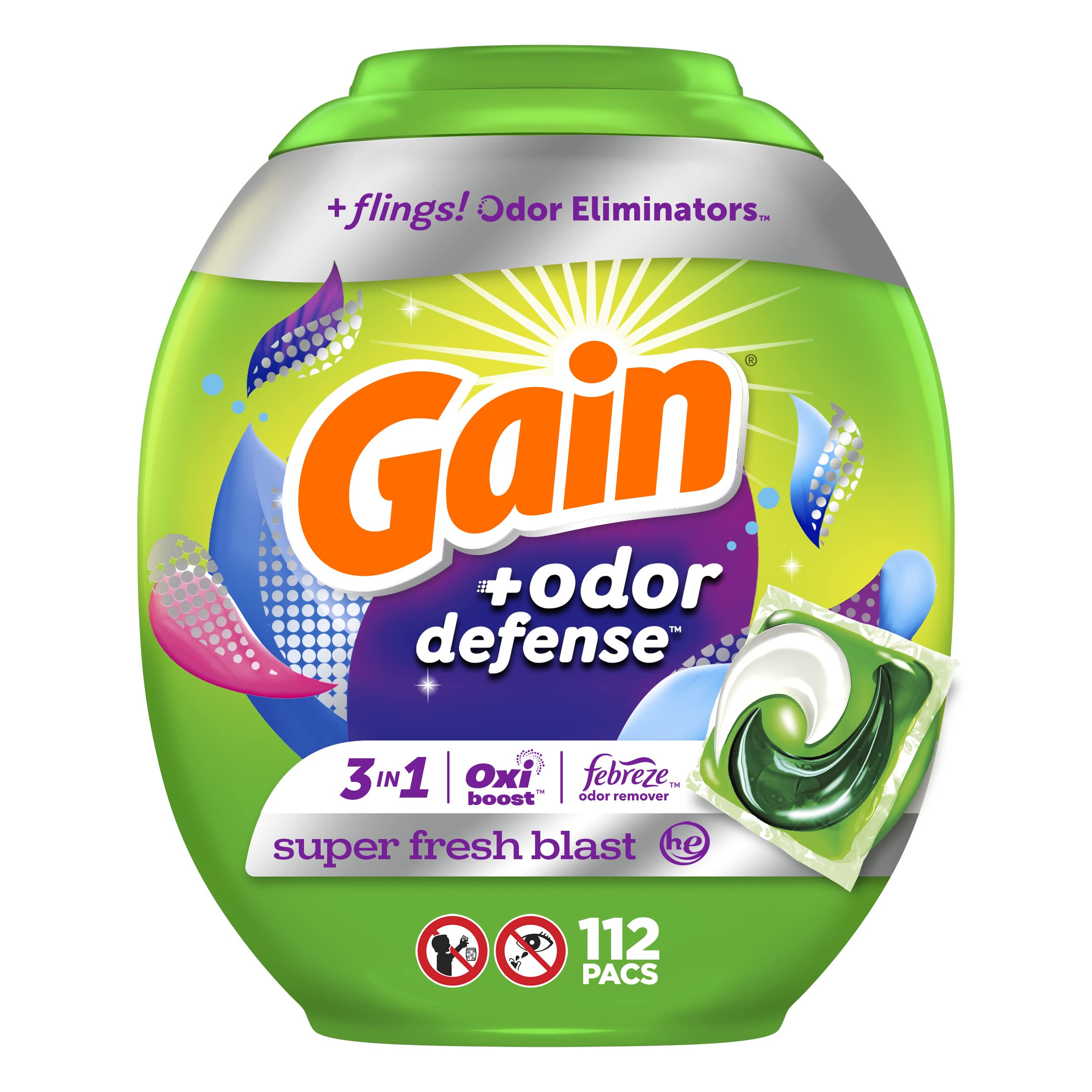 Gain Flings odor-defense pacs, front close showing convenient, powerful freshness in every load
