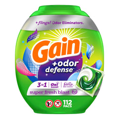 Gain Flings odor-defense pacs, front close showing convenient, powerful freshness in every load