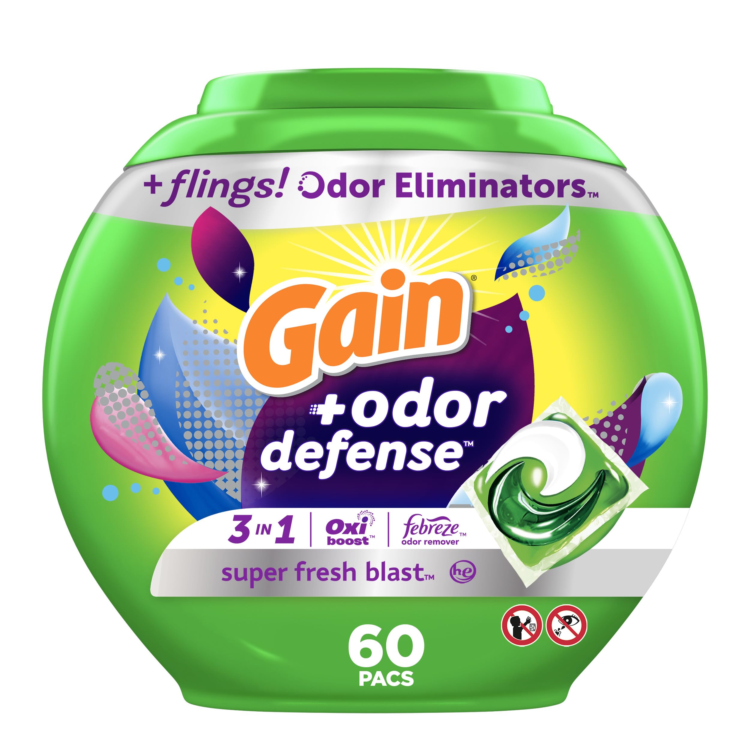 Gain Flings Odor Defense pods shown with a fresh scent, neutralizing tough laundry odors.
