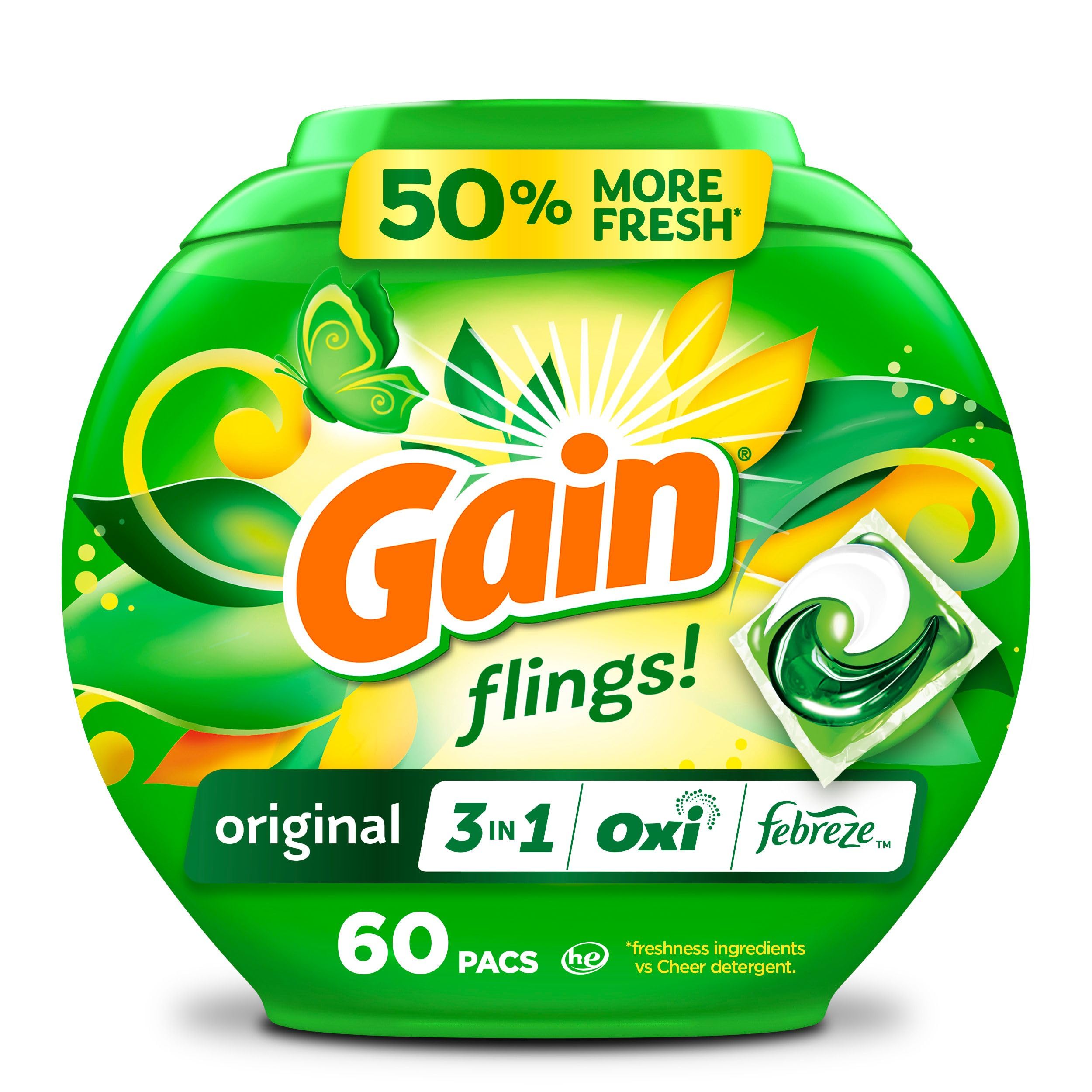 Gain Flings Original Scent pack front view with convenient detergent pacs for easy laundry.