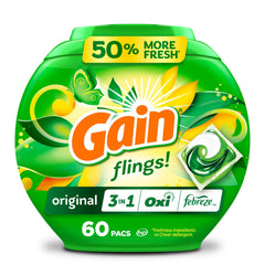 Gain Flings Original Scent pack front view with convenient detergent pacs for easy laundry.