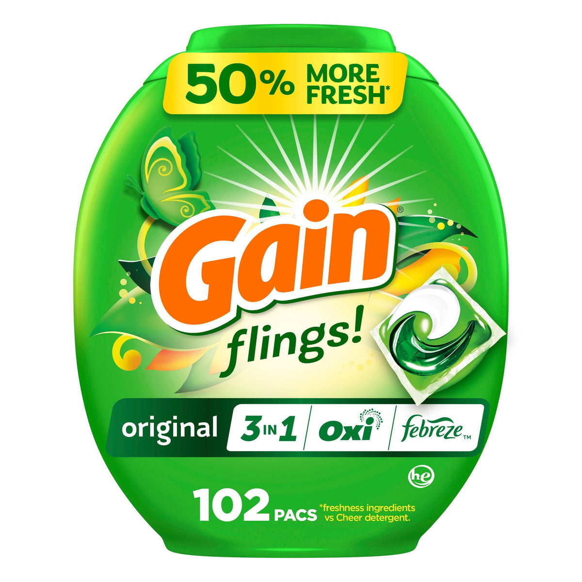 Gain Flings Original Scent pacs in a box delivering lasting freshness