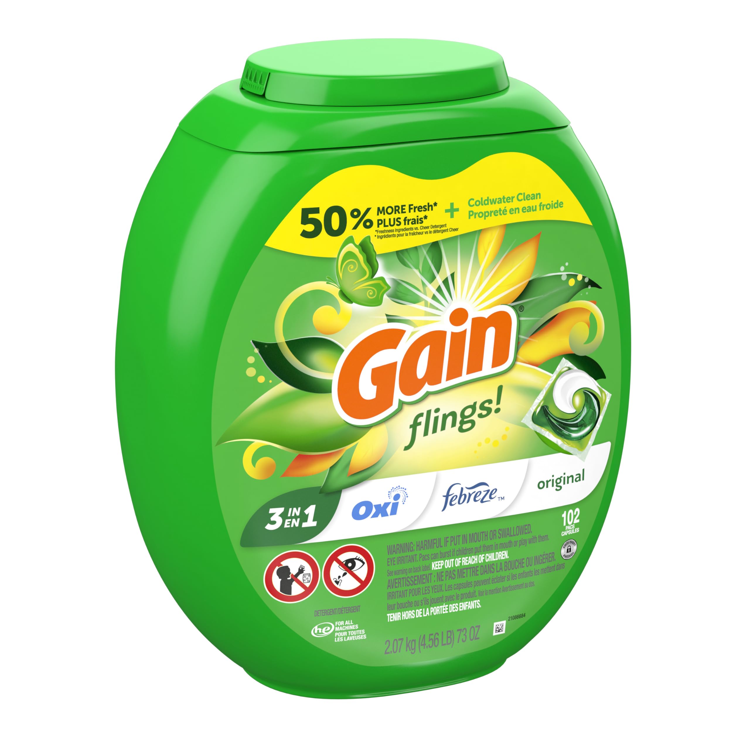 Front-loading washer loaded with Gain Flings Original Scent pacs