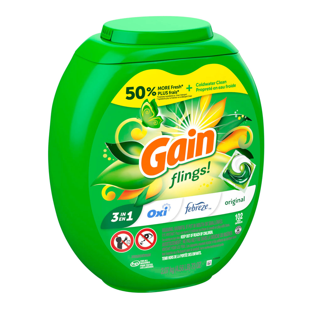 Front-loading washer loaded with Gain Flings Original Scent pacs