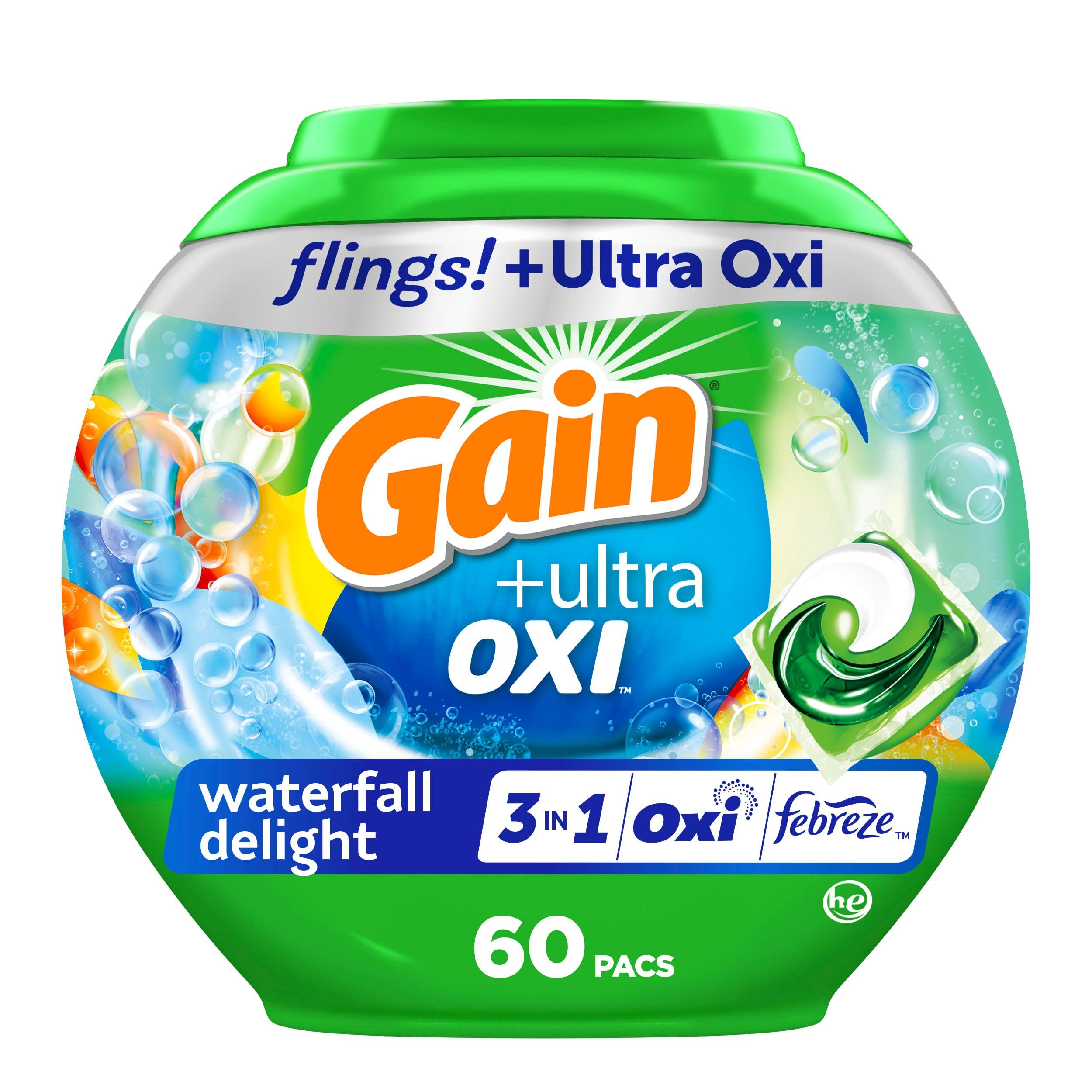 Gain Flings Ultra OXI pacs Waterfall Delight 60-count offer stain removal and lasting freshness.