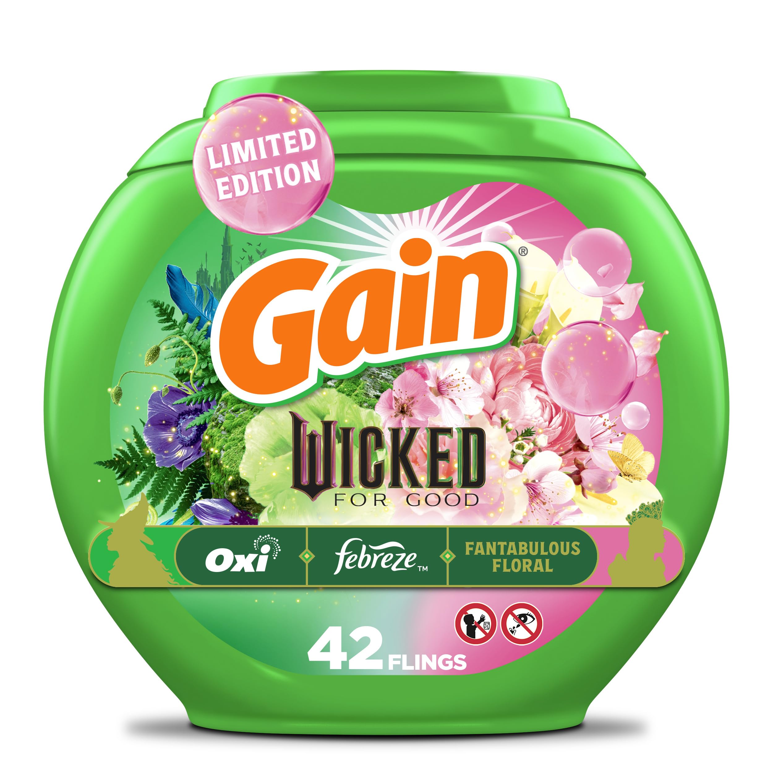 Gain Flings Wicked For Good front view shows 42-count pacs for powerful clean and fresh scent
