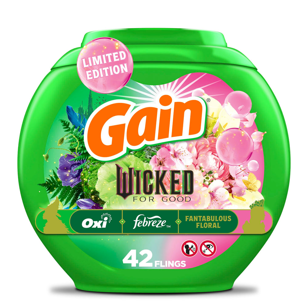 Gain Flings Wicked For Good front view shows 42-count pacs for powerful clean and fresh scent