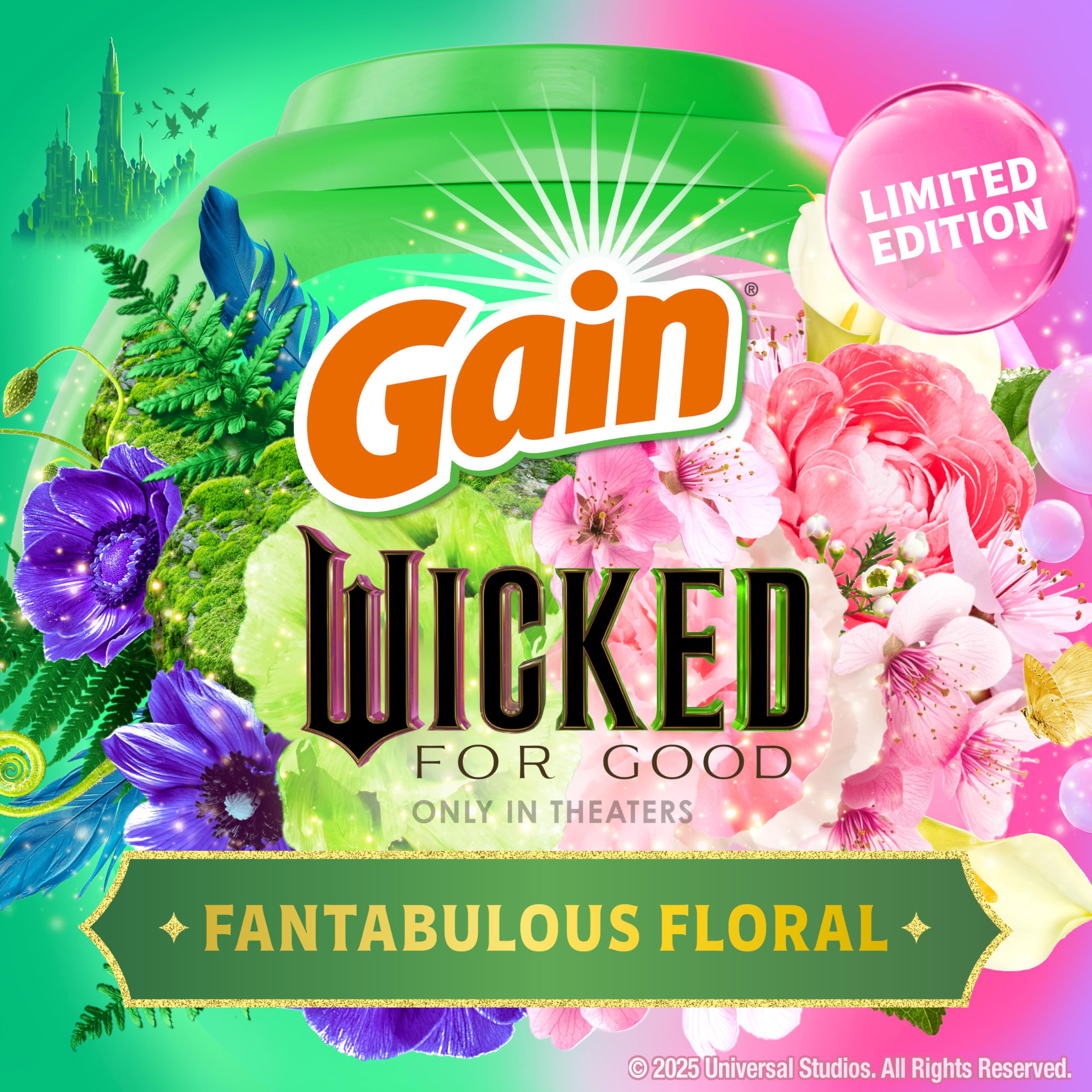 Gain Flings Wicked For Good open-dispense shot with pacs releasing OxiBoost and Febreze