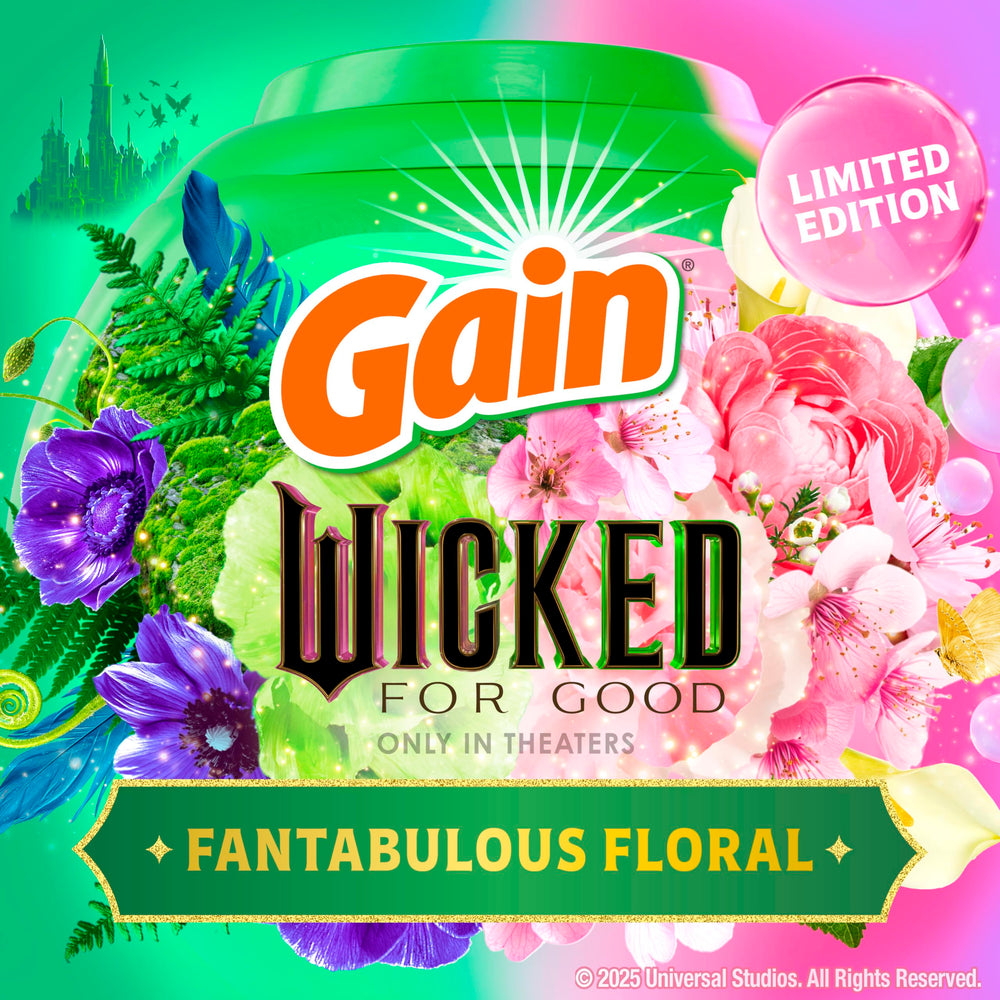Gain Flings Wicked For Good open-dispense shot with pacs releasing OxiBoost and Febreze