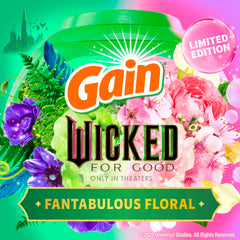 Gain Flings Wicked For Good open-dispense shot with pacs releasing OxiBoost and Febreze
