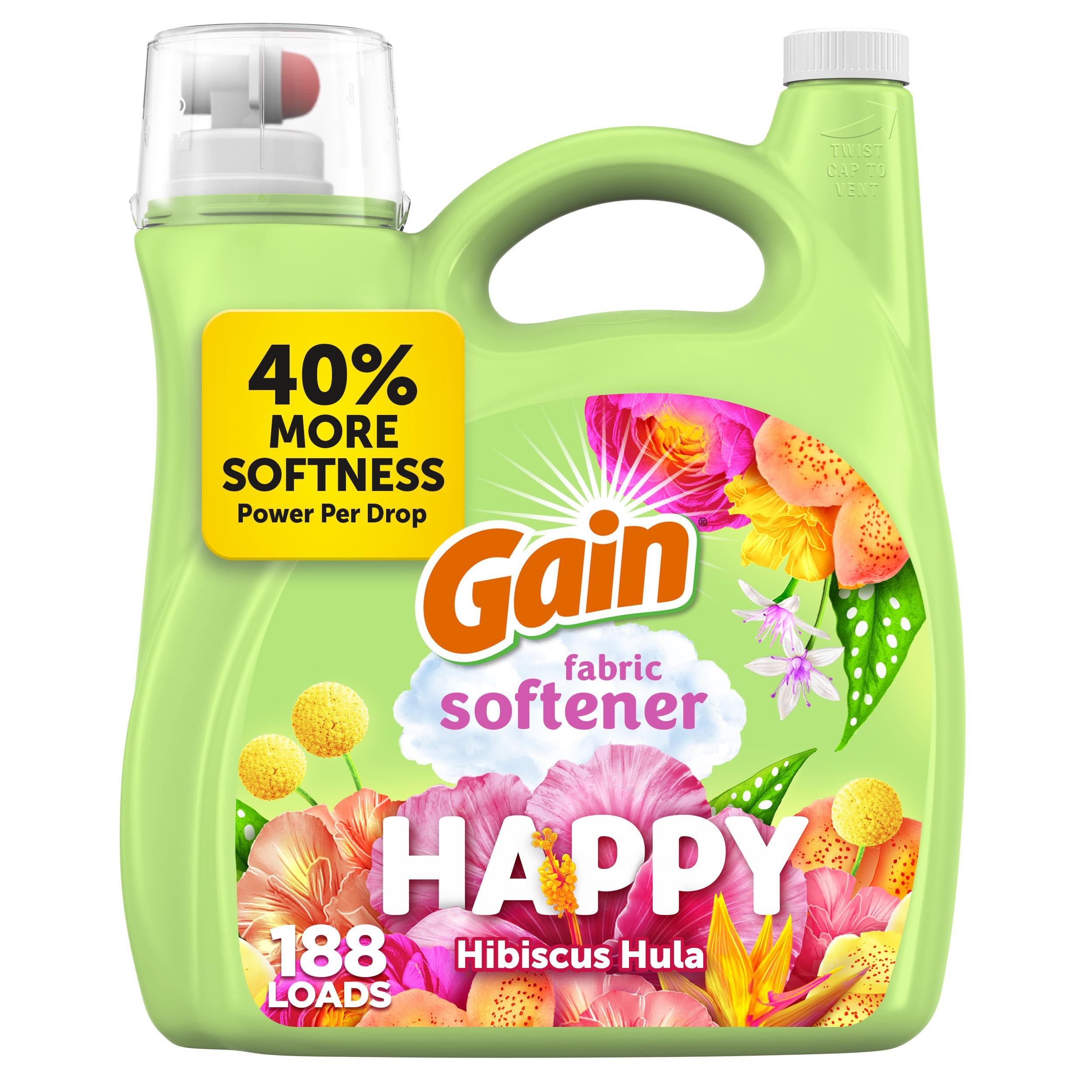 Gain Happy fabric softener bottle promises soft fabrics and lasting freshness.