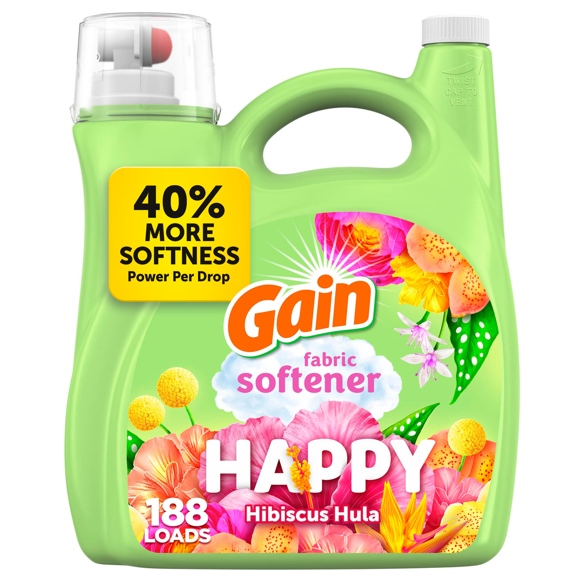 Gain Happy fabric softener bottle promises soft fabrics and lasting freshness.