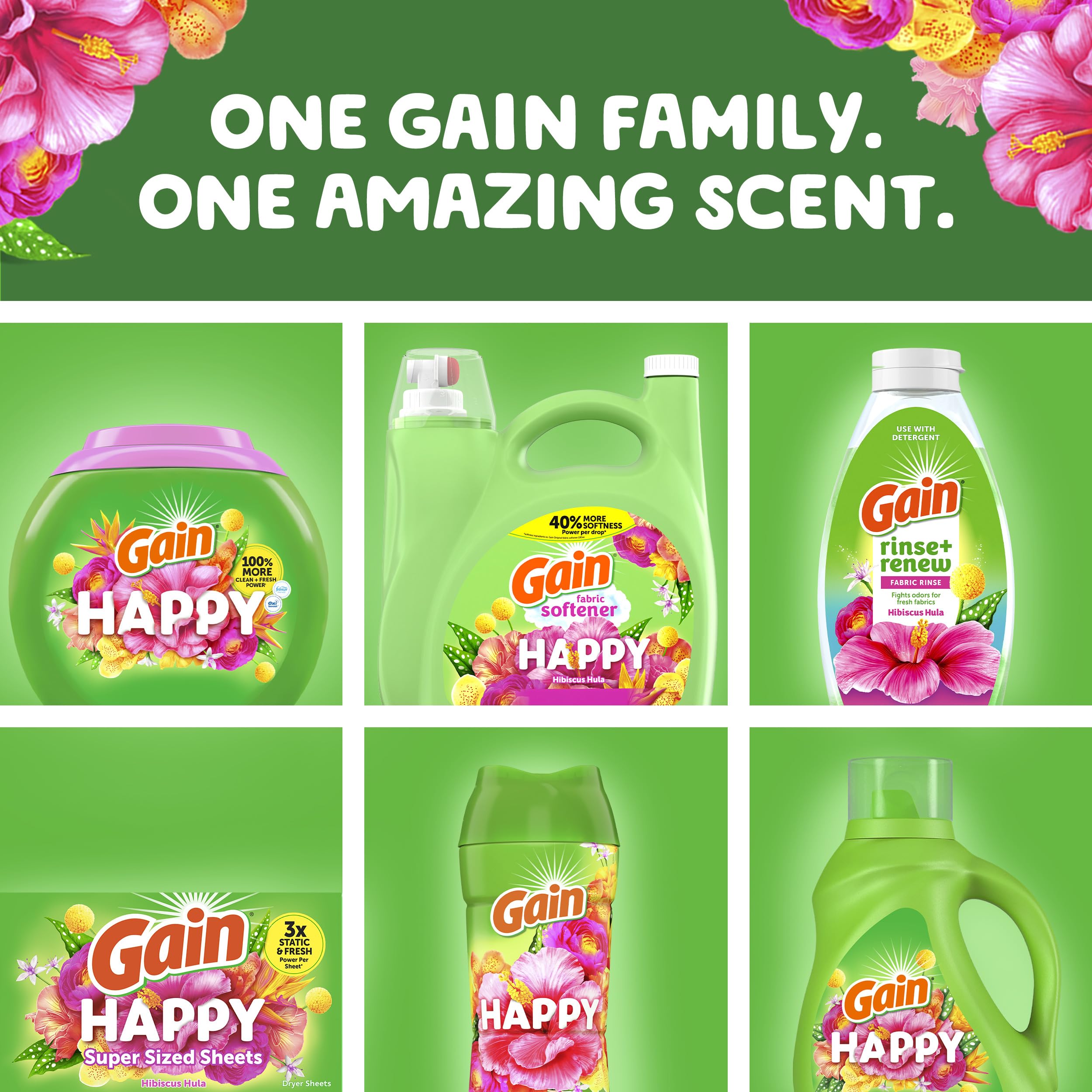 Gain Happy fresh laundry outcome implies clean clothes with pleasant aroma.