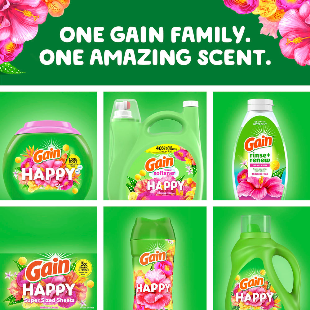 Gain Happy fresh laundry outcome implies clean clothes with pleasant aroma.