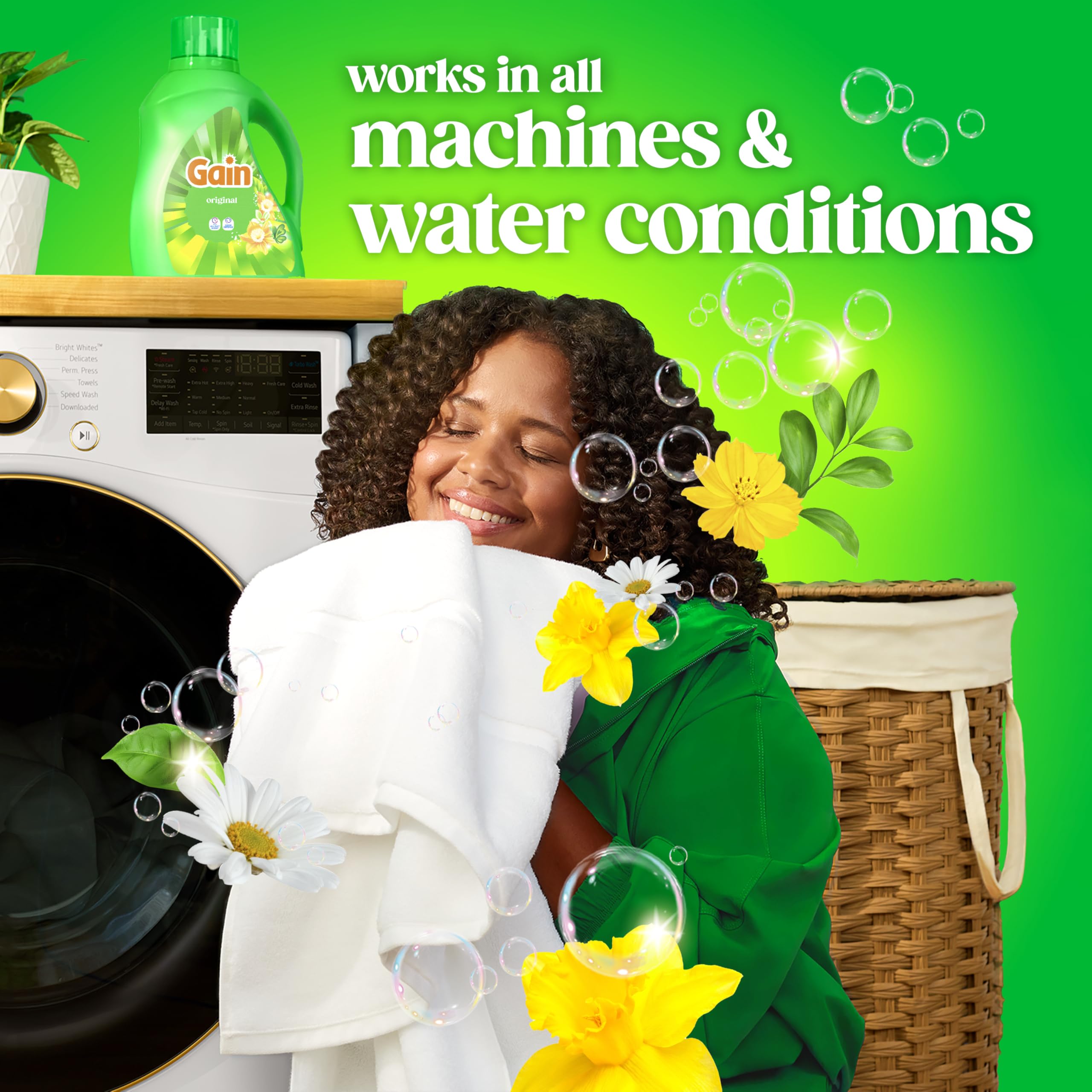 Gain bottle beside laundry setup for everyday convenience.