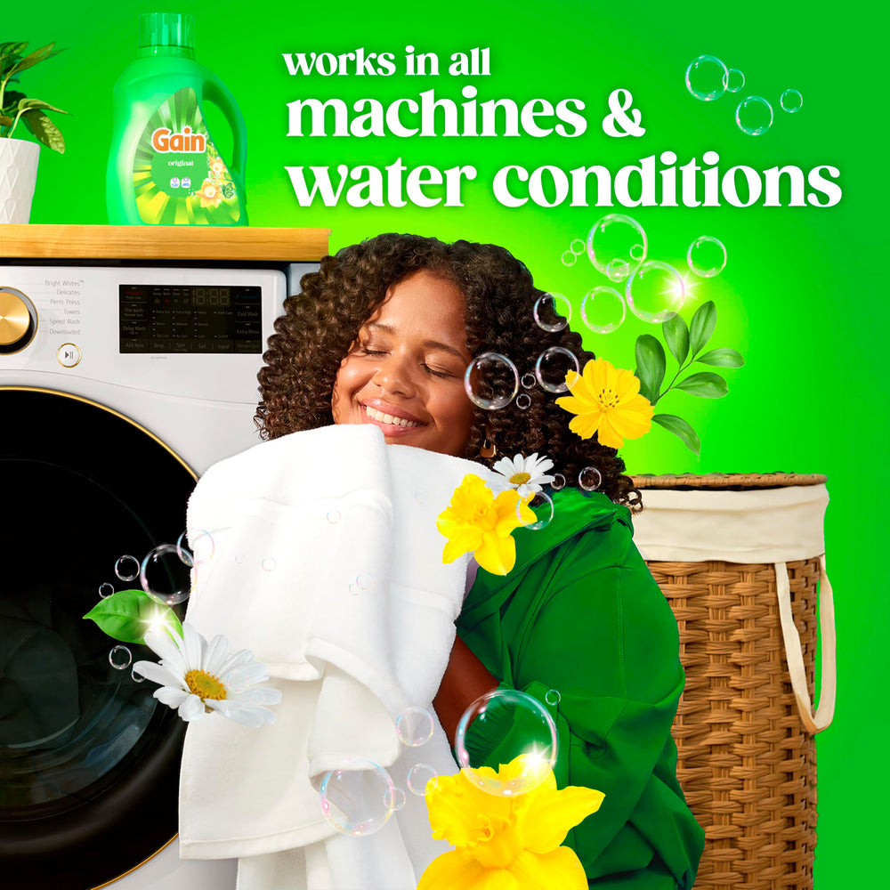 Gain bottle beside laundry setup for everyday convenience.