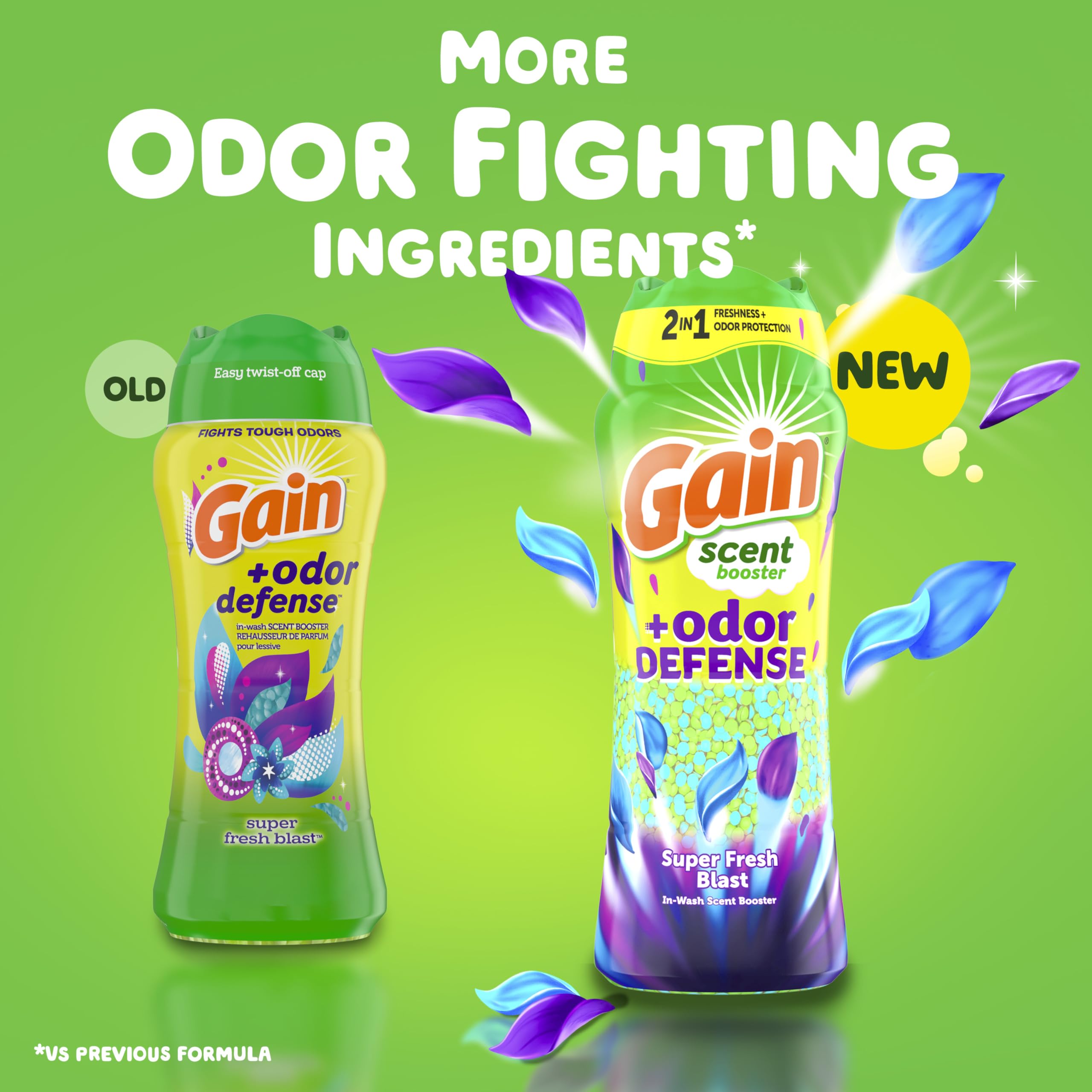 Close-up of Gain Odor Defense beads showing Super Fresh Blast aroma
