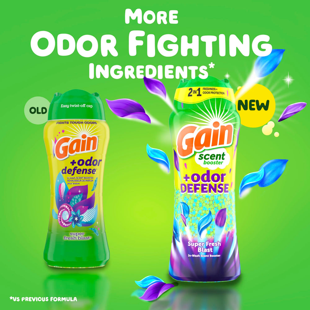 Close-up of Gain Odor Defense beads showing Super Fresh Blast aroma